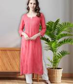 hand embroidered carrot pink viscose georgette lucknowi chikankari straight kurta
