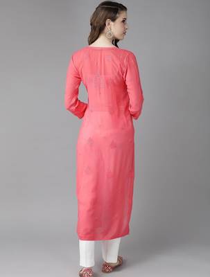 hand embroidered carrot pink viscose georgette lucknowi chikankari straight kurta 2