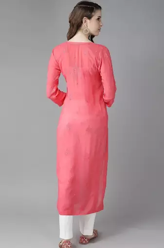 hand embroidered carrot pink viscose georgette lucknowi chikankari straight kurta