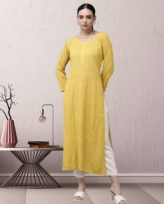 Hand embroidered mehendi green viscose georgette lucknowi chikankari straight kurta 1