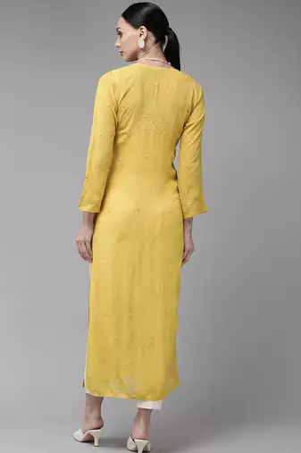 Hand embroidered mehendi green viscose georgette lucknowi chikankari straight kurta