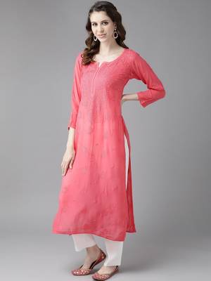 hand embroidered carrot pink viscose georgette lucknowi chikankari straight kurta 3