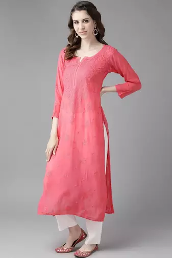 hand embroidered carrot pink viscose georgette lucknowi chikankari straight kurta