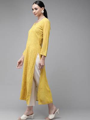 Hand embroidered mehendi green viscose georgette lucknowi chikankari straight kurta 3
