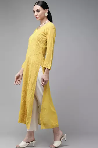 Hand embroidered mehendi green viscose georgette lucknowi chikankari straight kurta