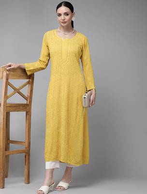 Hand embroidered mehendi green viscose georgette lucknowi chikankari straight kurta 4