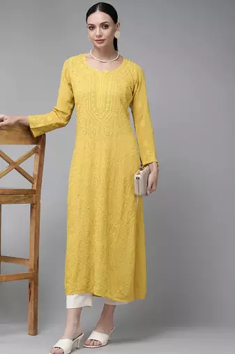 Hand embroidered mehendi green viscose georgette lucknowi chikankari straight kurta