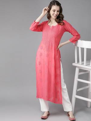 hand embroidered carrot pink viscose georgette lucknowi chikankari straight kurta 4