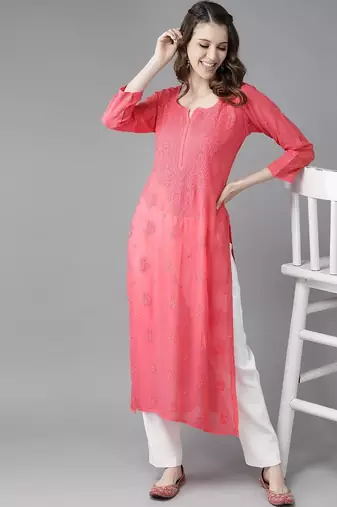 hand embroidered carrot pink viscose georgette lucknowi chikankari straight kurta