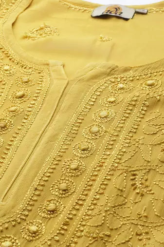 Hand embroidered mehendi green viscose georgette lucknowi chikankari straight kurta