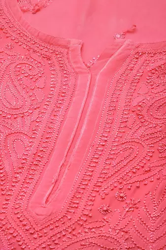 hand embroidered carrot pink viscose georgette lucknowi chikankari straight kurta