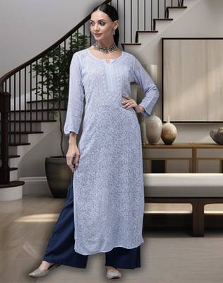 Hand embroidered blue viscose georgette lucknowi chikankari straight kurta 1