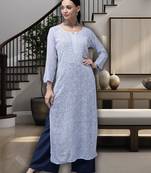 Hand embroidered blue viscose georgette lucknowi chikankari straight kurta