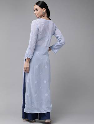 Hand embroidered blue viscose georgette lucknowi chikankari straight kurta 2