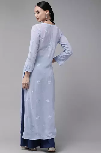 Hand embroidered blue viscose georgette lucknowi chikankari straight kurta