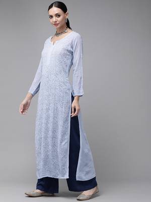 Hand embroidered blue viscose georgette lucknowi chikankari straight kurta 3