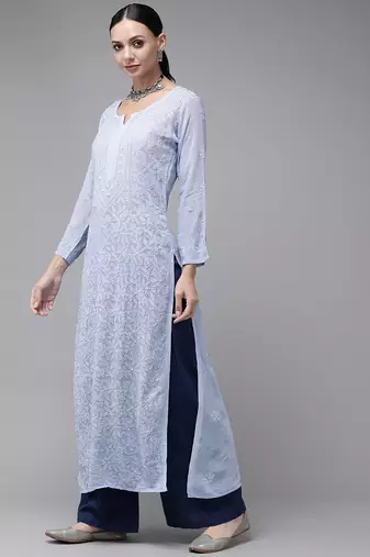 Hand embroidered blue viscose georgette lucknowi chikankari straight kurta