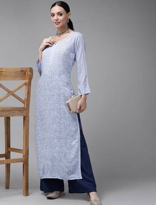 Hand embroidered blue viscose georgette lucknowi chikankari straight kurta 4