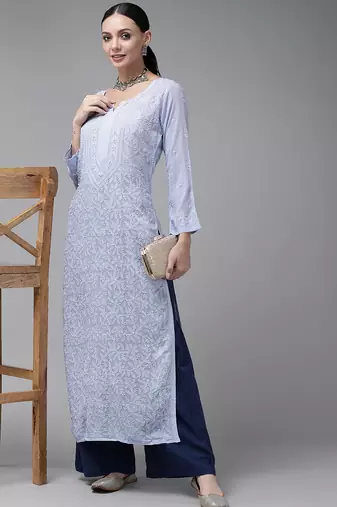 Hand embroidered blue viscose georgette lucknowi chikankari straight kurta