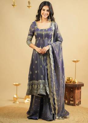 Dual Tone LIGHT PURPLE EMBROIDERY WORK Suit Set 1