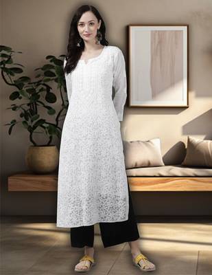 Hand embroidered white  kota lucknow chikankari straight kurta with slip 1