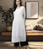 Hand embroidered white  kota lucknow chikankari straight kurta with slip