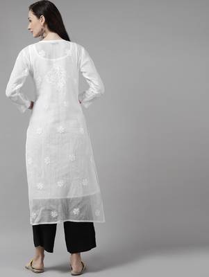 Hand embroidered white  kota lucknow chikankari straight kurta with slip 2