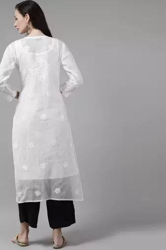 Hand embroidered white  kota lucknow chikankari straight kurta with slip
