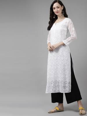 Hand embroidered white  kota lucknow chikankari straight kurta with slip 3