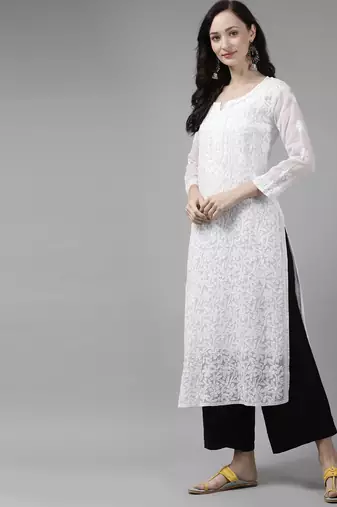 Hand embroidered white  kota lucknow chikankari straight kurta with slip