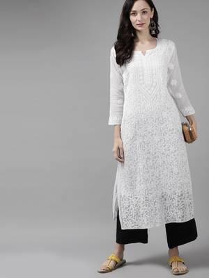Hand embroidered white  kota lucknow chikankari straight kurta with slip 4