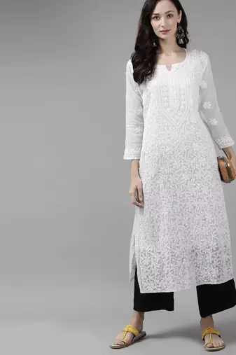 Hand embroidered white  kota lucknow chikankari straight kurta with slip