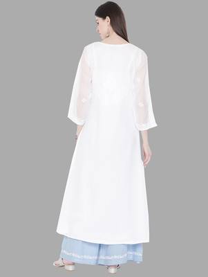 Hand embroidered white kota lucknowi chikankari a-line kurta 2