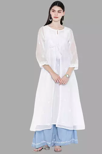 Hand embroidered white kota lucknowi chikankari a-line kurta