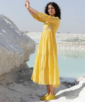 Mustard Multicolor embroidery Kurti with Slip 2