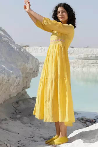 Mustard Multicolor embroidery Kurti with Slip