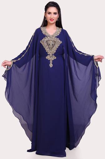 Navy-Blue Stitched Designer Kaftan Dress with Traditional Handwork Designs