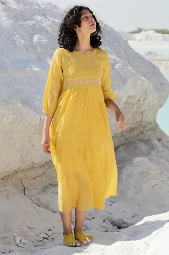 Mustard Multicolor embroidery Kurti with Slip