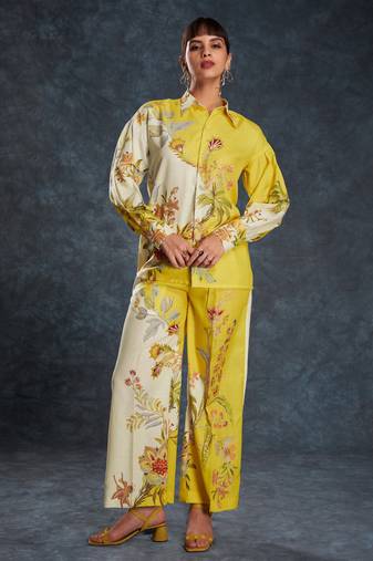 Adorable yellow floral printed linen casual wear co-ord set