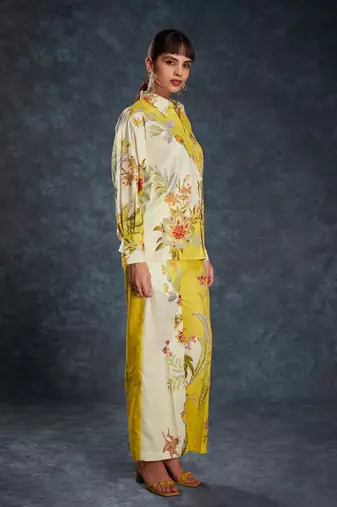 Adorable yellow floral printed linen casual wear co-ord set