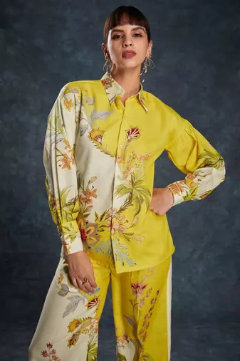 Adorable yellow floral printed linen casual wear co-ord set