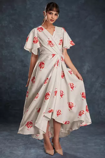 cream printed linen western wear maxi dress