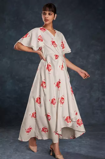 cream printed linen western wear maxi dress