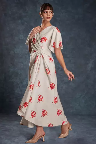 cream printed linen western wear maxi dress