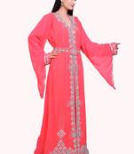 Peach Stitched Georgette Kaftan with Heavy Silver Handwork Embroidery
