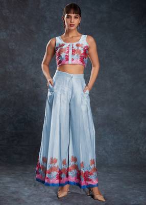 Charming sky blue digital printed linen party wear co-ord set 1