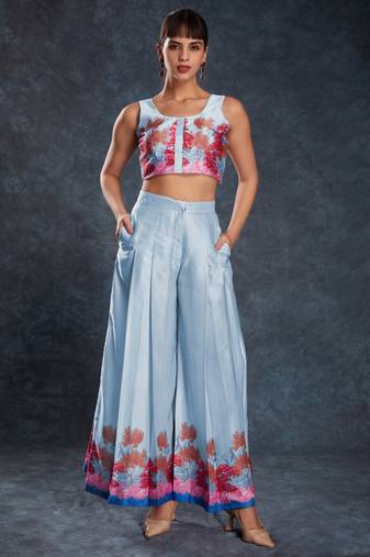 Charming sky blue digital printed linen party wear co-ord set
