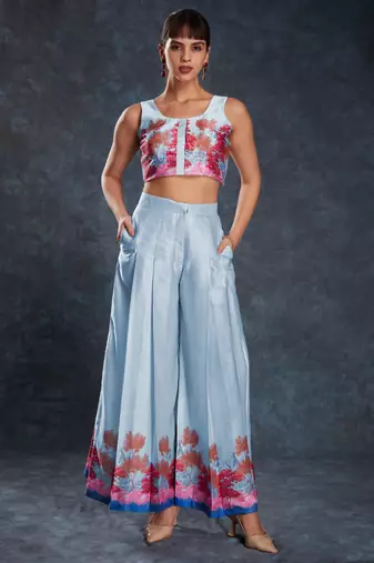 Charming sky blue digital printed linen party wear co-ord set