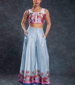 Charming sky blue digital printed linen party wear co-ord set