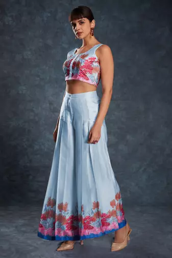 Charming sky blue digital printed linen party wear co-ord set